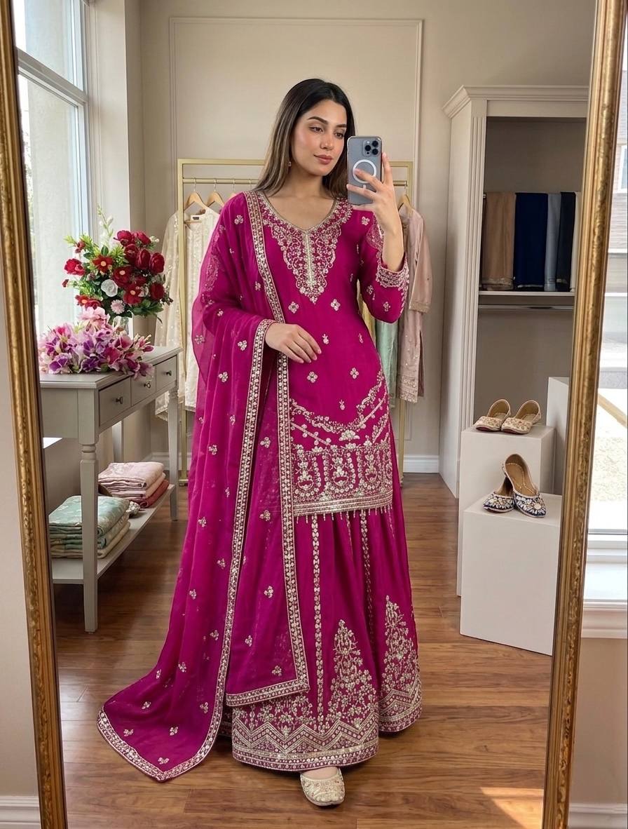 Bollywood Style Pink Color Pure Vichitra Silk Sharara Suit With Dupatta