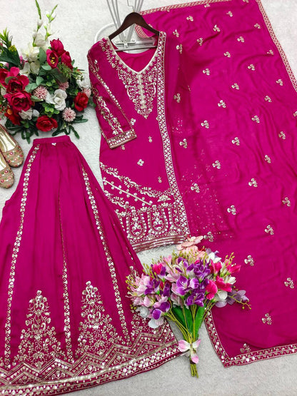 Bollywood Style Pink Color Pure Vichitra Silk Sharara Suit With Dupatta