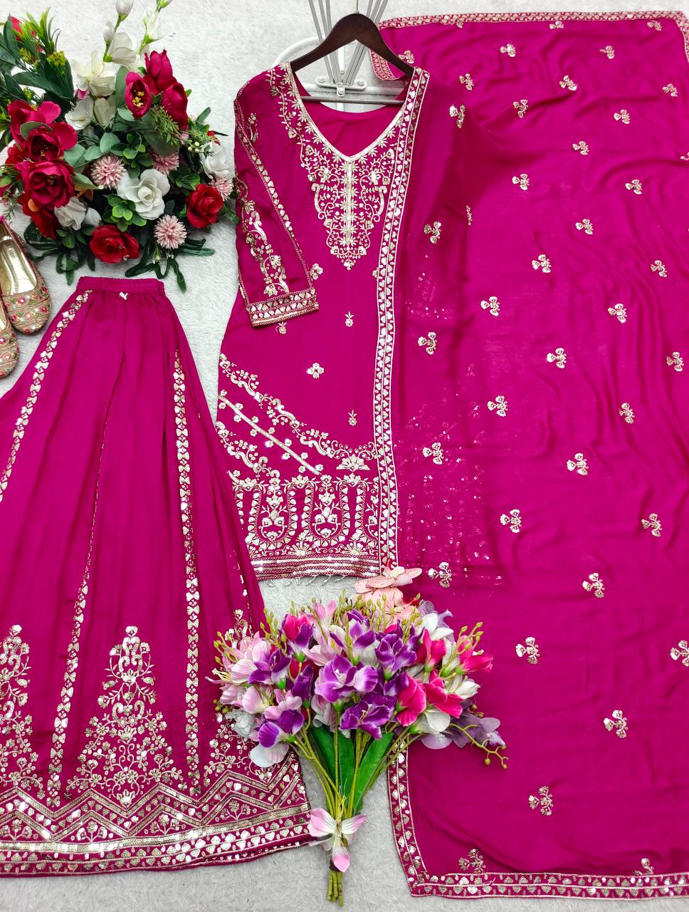 Bollywood Style Pink Color Pure Vichitra Silk Sharara Suit With Dupatta