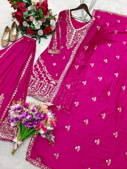 Bollywood Style Pink Color Pure Vichitra Silk Sharara Suit With Dupatta