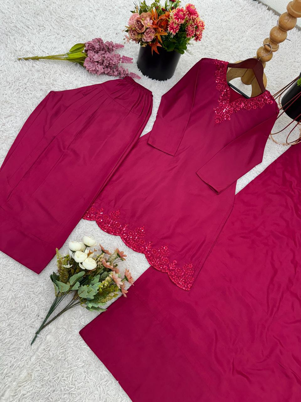 Occasion Wear Maroon Color Pure Natural Crep Silk With Embroidery Sequence Work Palazzo Suit
