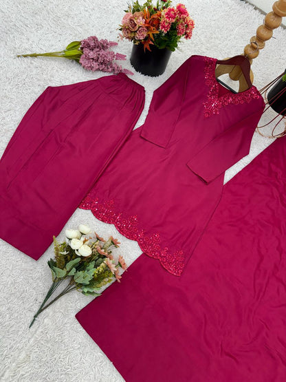 Occasion Wear Maroon Color Pure Natural Crep Silk With Embroidery Sequence Work Palazzo Suit
