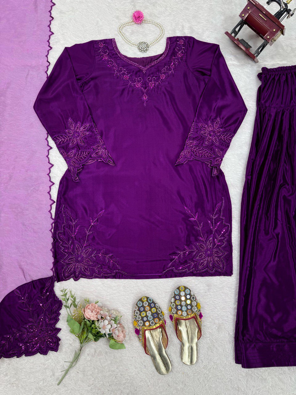 Festive Wear Purple Color Natural Crepe And Beads With Thread Work Palazzo Suit