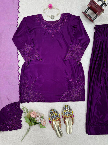 Festive Wear Purple Color Natural Crepe And Beads With Thread Work Palazzo Suit