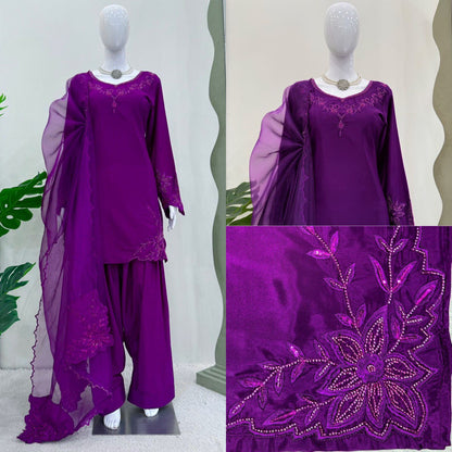 Festive Wear Purple Color Natural Crepe And Beads With Thread Work Palazzo Suit
