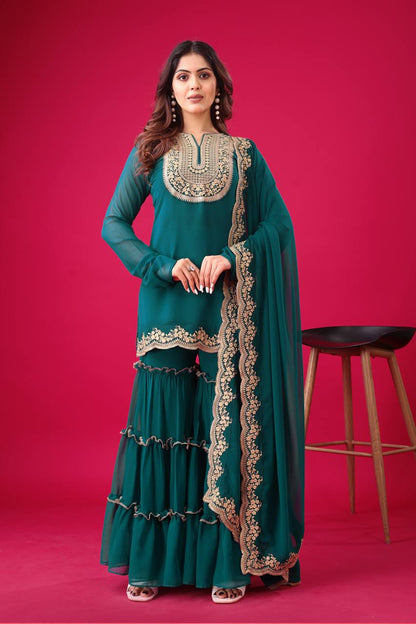 Ravishing Green Color Blooming Faux Georgette With Heavy Embroidery Sequence Thread Work Palazzo Suit