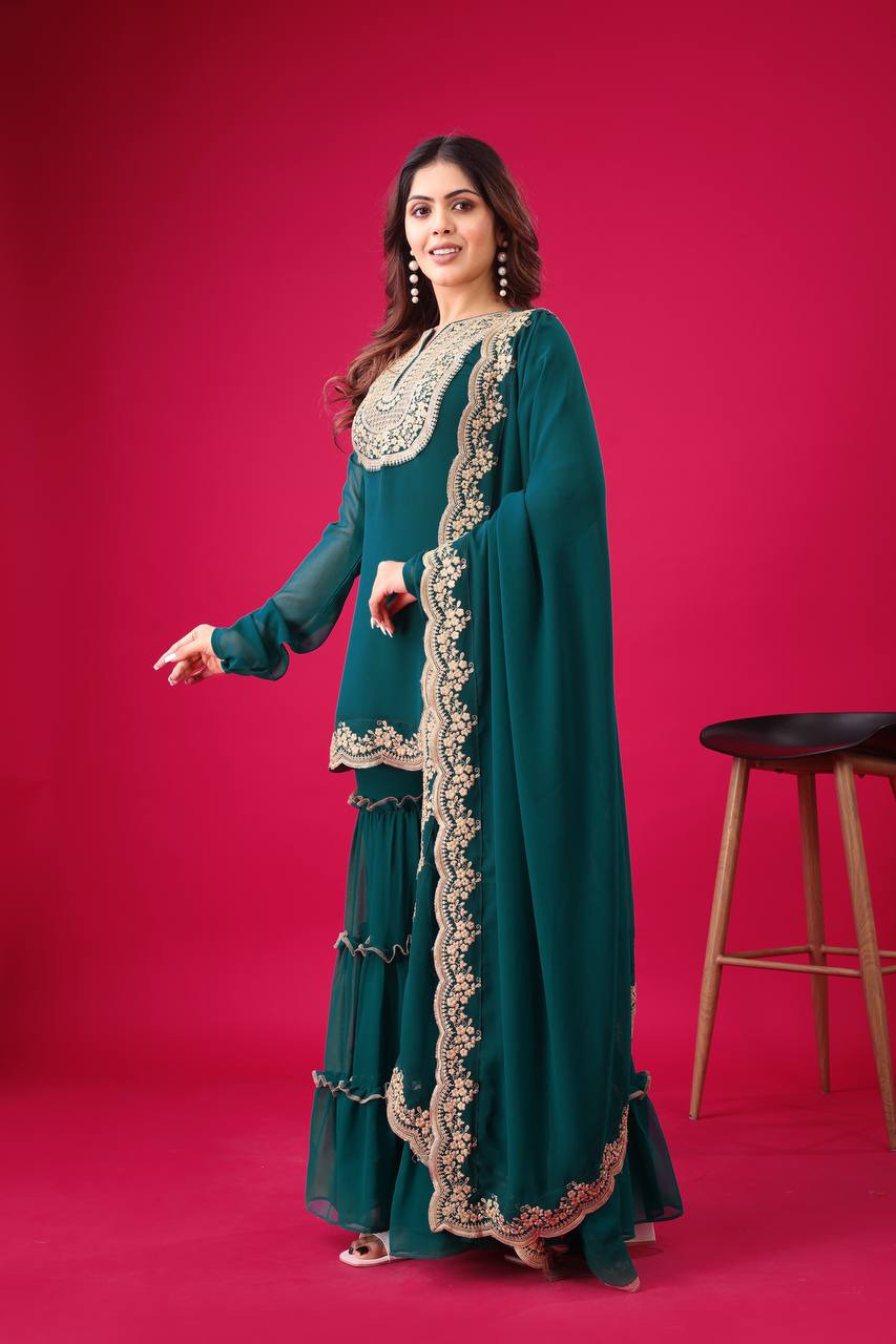 Ravishing Green Color Blooming Faux Georgette With Heavy Embroidery Sequence Thread Work Palazzo Suit