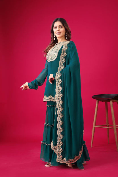 Ravishing Green Color Blooming Faux Georgette With Heavy Embroidery Sequence Thread Work Palazzo Suit