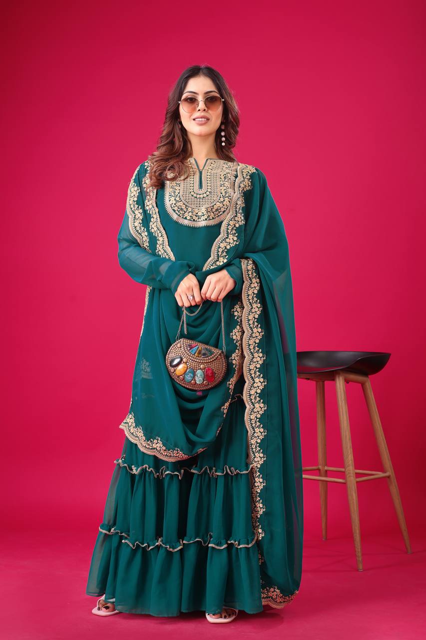 Ravishing Green Color Blooming Faux Georgette With Heavy Embroidery Sequence Thread Work Palazzo Suit