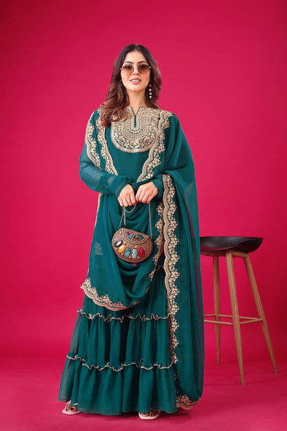 Ravishing Green Color Blooming Faux Georgette With Heavy Embroidery Sequence Thread Work Palazzo Suit
