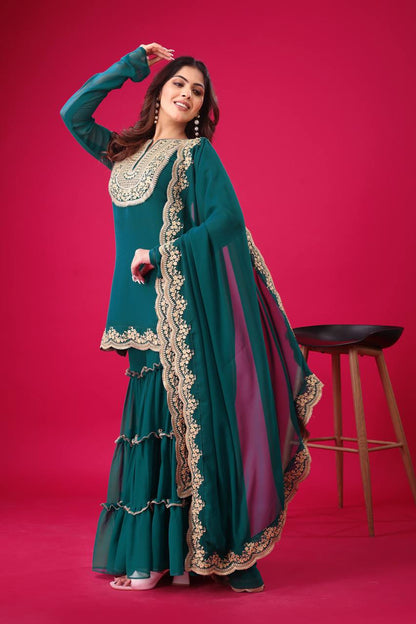 Ravishing Green Color Blooming Faux Georgette With Heavy Embroidery Sequence Thread Work Palazzo Suit