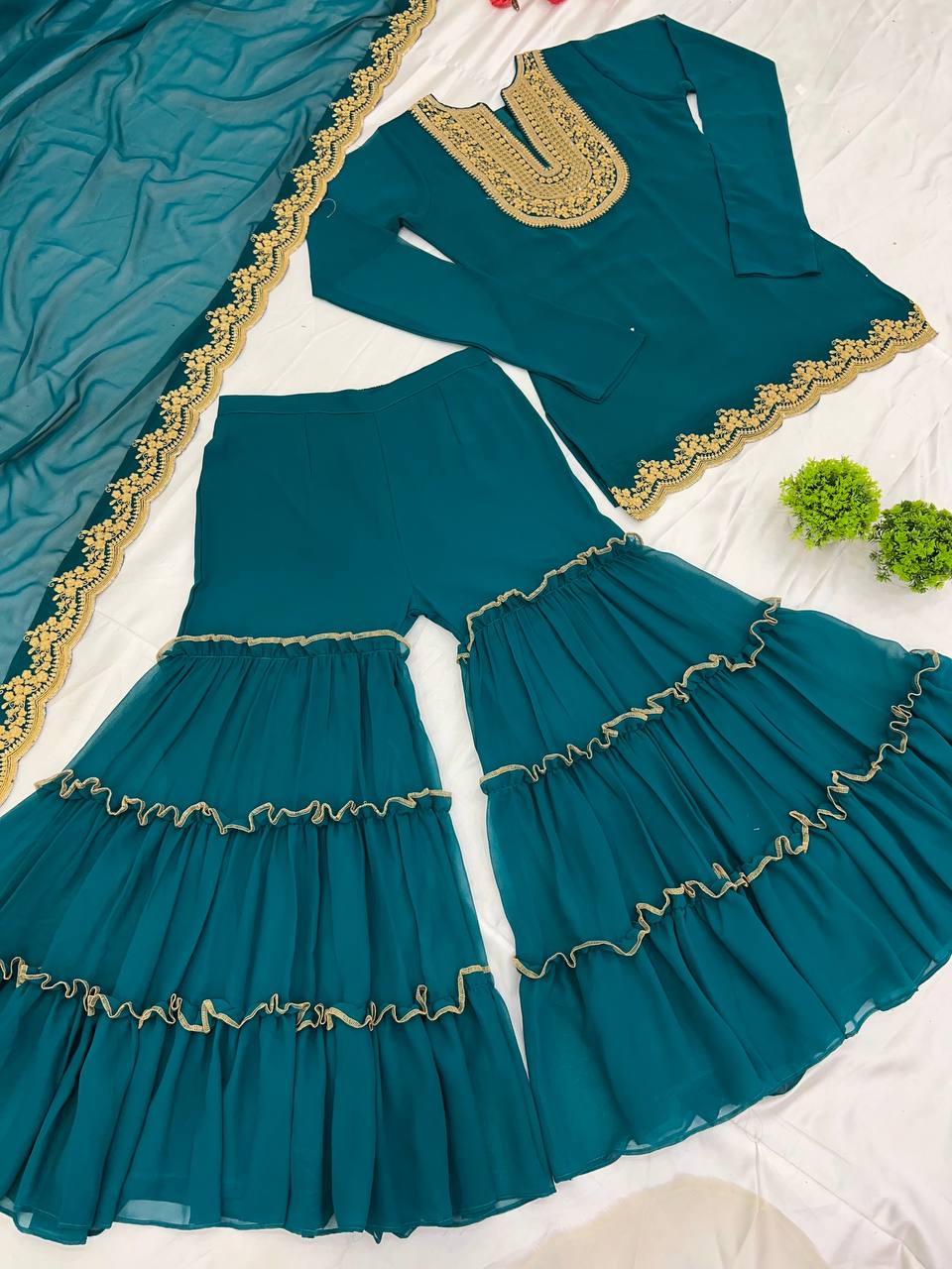 Ravishing Green Color Blooming Faux Georgette With Heavy Embroidery Sequence Thread Work Palazzo Suit