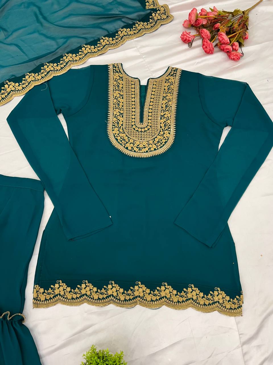 Ravishing Green Color Blooming Faux Georgette With Heavy Embroidery Sequence Thread Work Palazzo Suit