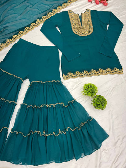Ravishing Green Color Blooming Faux Georgette With Heavy Embroidery Sequence Thread Work Palazzo Suit