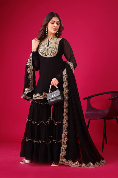 Ravishing Black Color Blooming Faux Georgette With Heavy Embroidery Sequence Thread Work Palazzo Suit