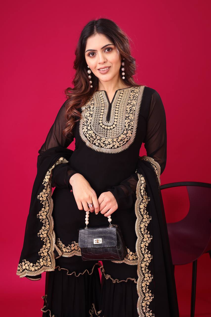 Ravishing Black Color Blooming Faux Georgette With Heavy Embroidery Sequence Thread Work Palazzo Suit