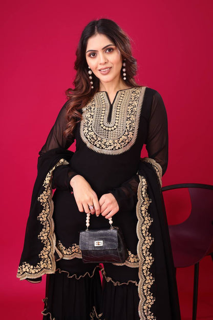 Ravishing Black Color Blooming Faux Georgette With Heavy Embroidery Sequence Thread Work Palazzo Suit