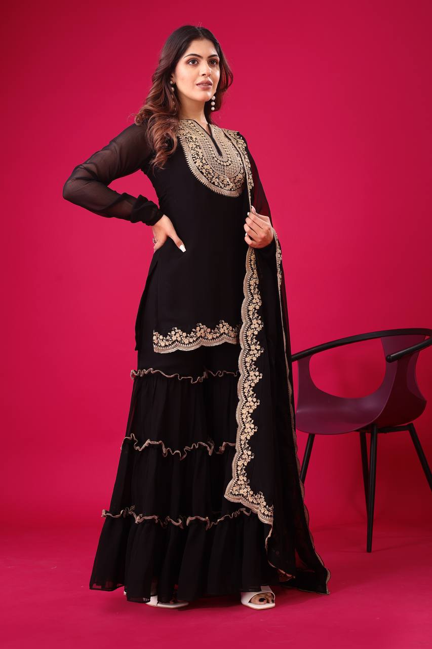 Ravishing Black Color Blooming Faux Georgette With Heavy Embroidery Sequence Thread Work Palazzo Suit