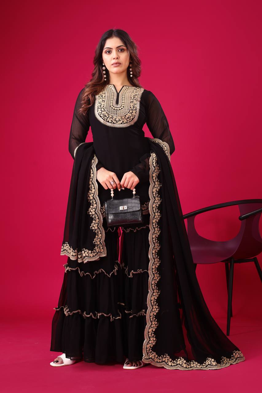 Ravishing Black Color Blooming Faux Georgette With Heavy Embroidery Sequence Thread Work Palazzo Suit