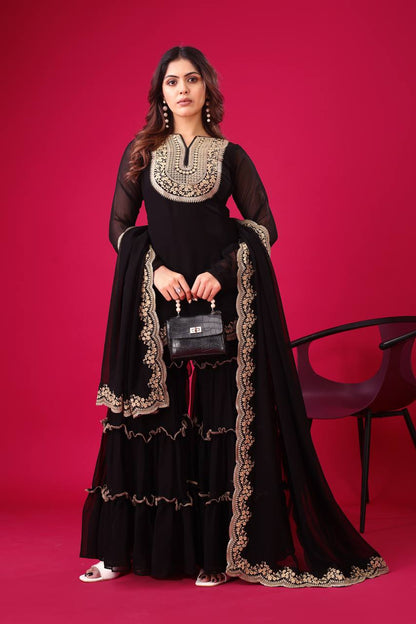 Ravishing Black Color Blooming Faux Georgette With Heavy Embroidery Sequence Thread Work Palazzo Suit