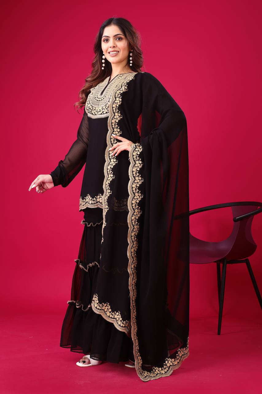 Ravishing Black Color Blooming Faux Georgette With Heavy Embroidery Sequence Thread Work Palazzo Suit