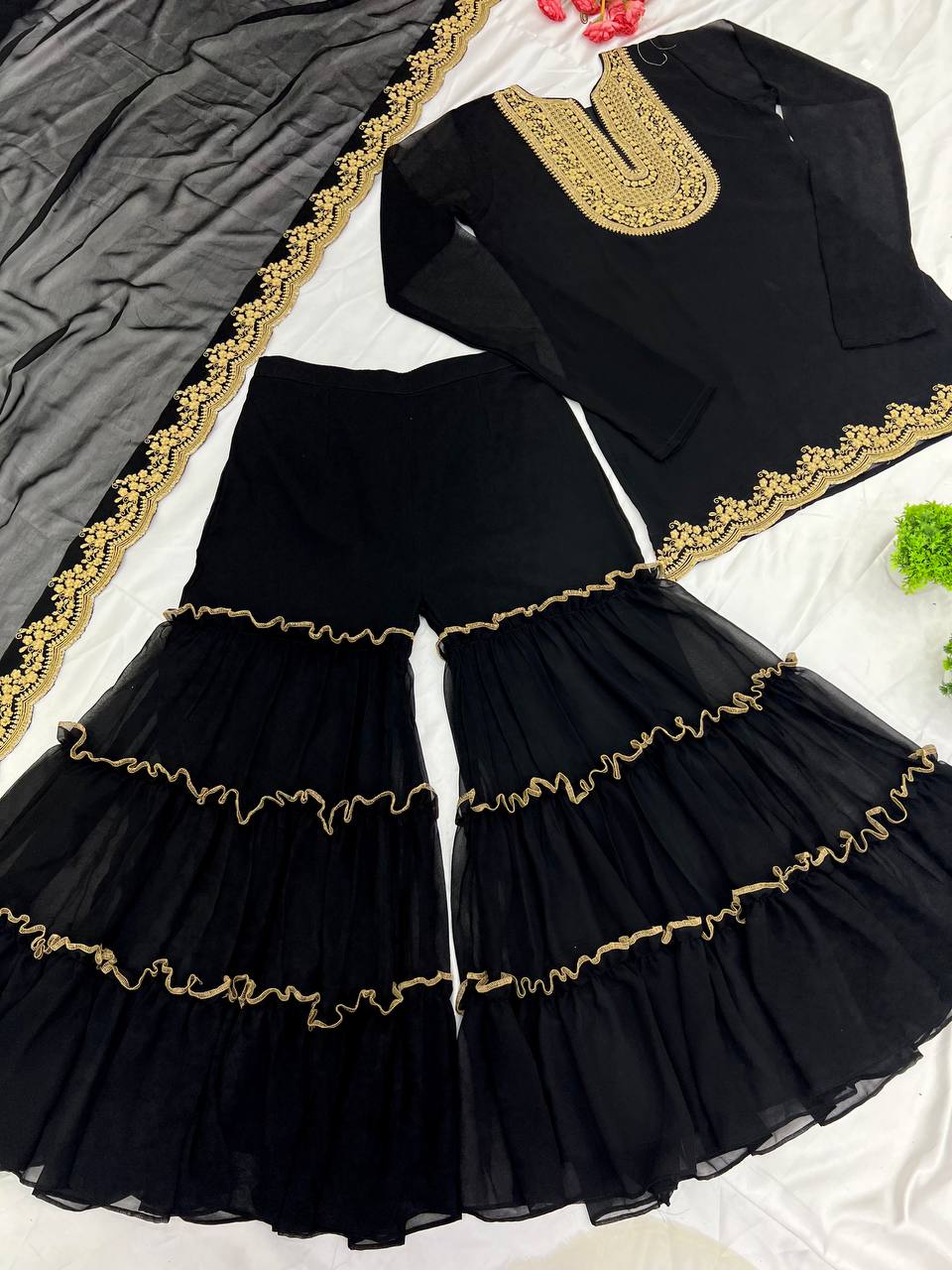 Ravishing Black Color Blooming Faux Georgette With Heavy Embroidery Sequence Thread Work Palazzo Suit