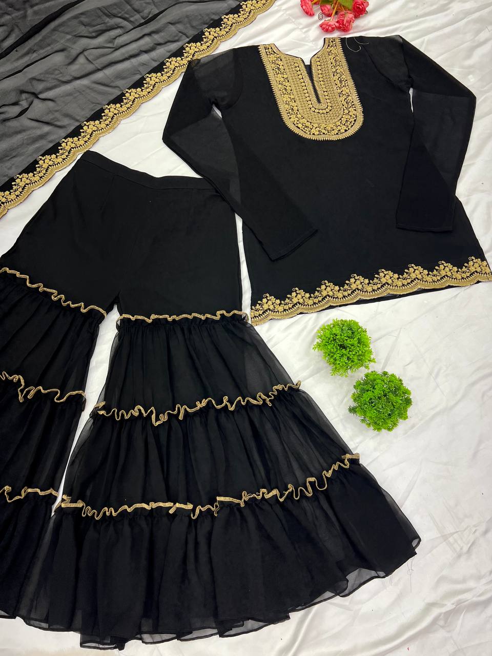 Ravishing Black Color Blooming Faux Georgette With Heavy Embroidery Sequence Thread Work Palazzo Suit
