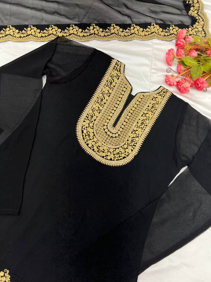 Ravishing Black Color Blooming Faux Georgette With Heavy Embroidery Sequence Thread Work Palazzo Suit