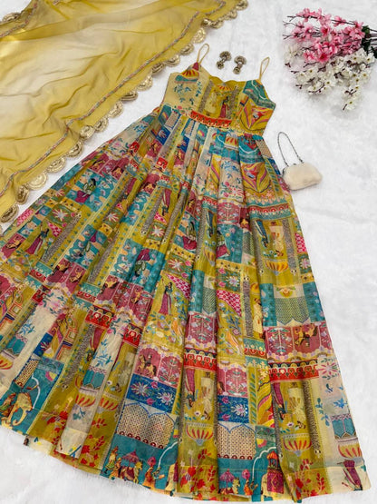 Cermeony Wear Yellow Color Pure Jimmy Organza Silk Digital Printed Padded Anarkali Gown