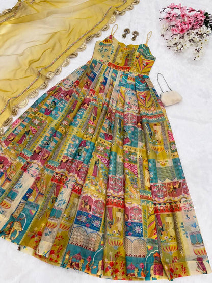 Cermeony Wear Yellow Color Pure Jimmy Organza Silk Digital Printed Padded Anarkali Gown
