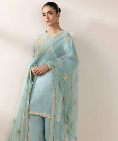 Glorious Auqa Blue Color Chinon Silk With Embroidery Sequence Work Palazzo Suit