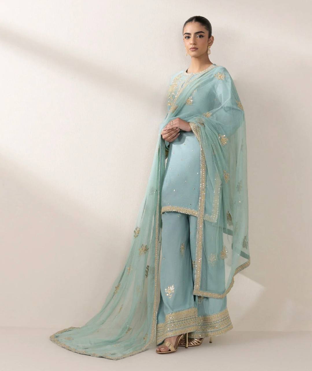 Glorious Auqa Blue Color Chinon Silk With Embroidery Sequence Work Palazzo Suit