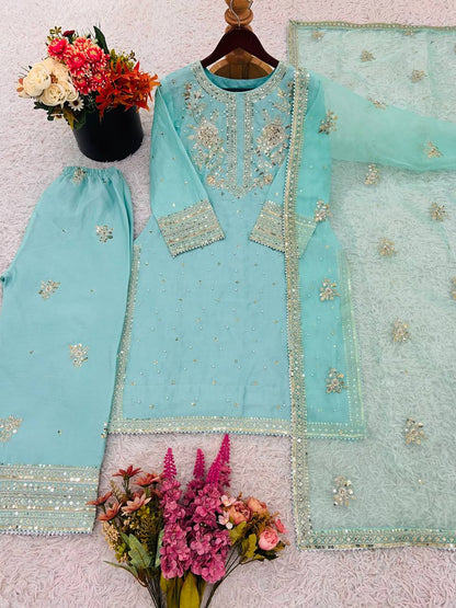 Glorious Auqa Blue Color Chinon Silk With Embroidery Sequence Work Palazzo Suit