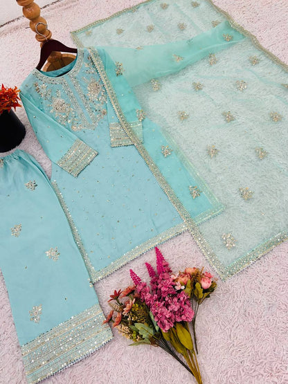 Glorious Auqa Blue Color Chinon Silk With Embroidery Sequence Work Palazzo Suit