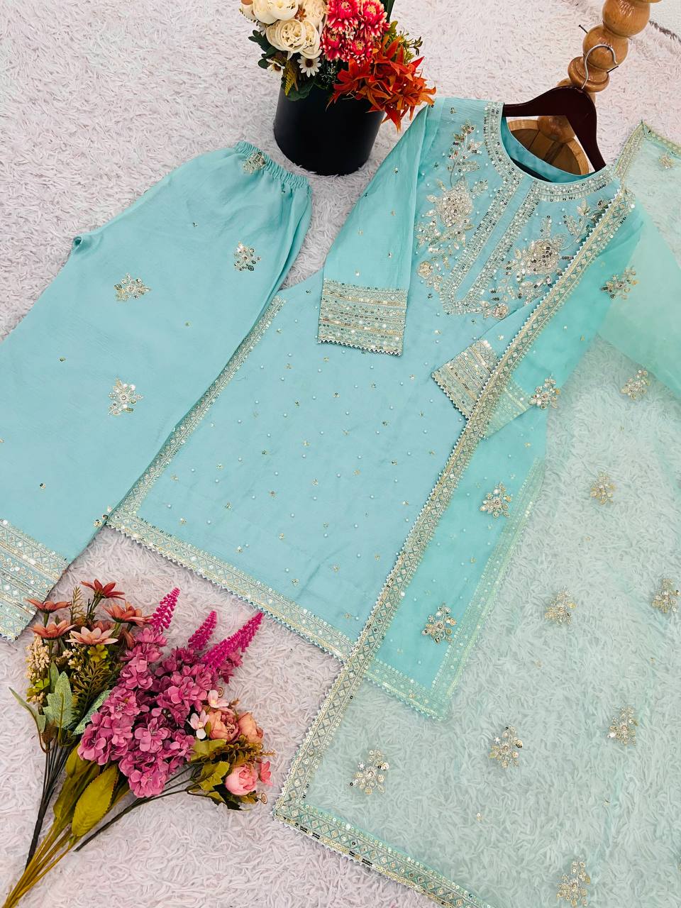 Glorious Auqa Blue Color Chinon Silk With Embroidery Sequence Work Palazzo Suit
