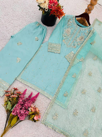 Glorious Auqa Blue Color Chinon Silk With Embroidery Sequence Work Palazzo Suit