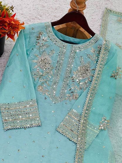 Glorious Auqa Blue Color Chinon Silk With Embroidery Sequence Work Palazzo Suit