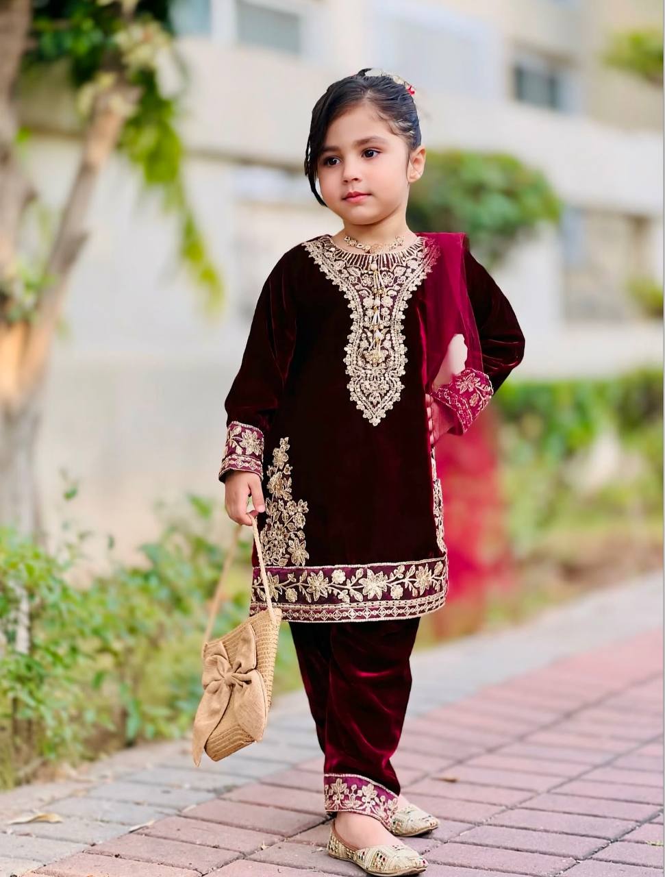 Maroon Color Embroidered Kids Velvet Salwar Suit Set