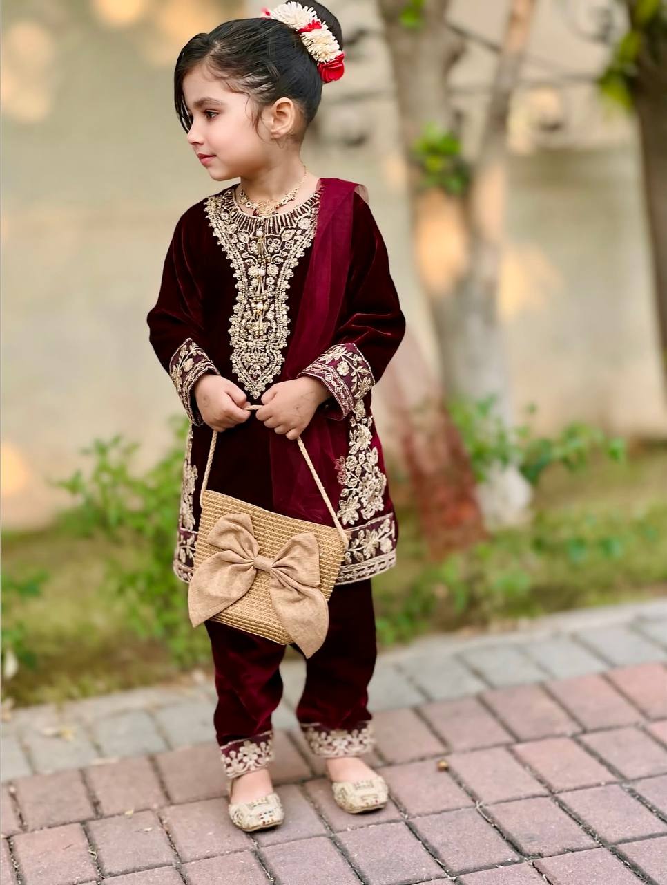 Maroon Color Embroidered Kids Velvet Salwar Suit Set