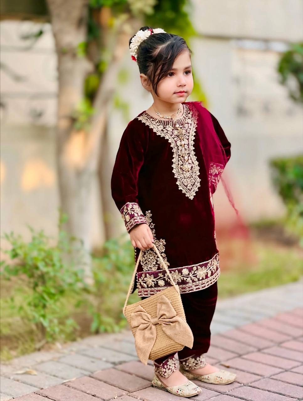 Maroon Color Embroidered Kids Velvet Salwar Suit Set