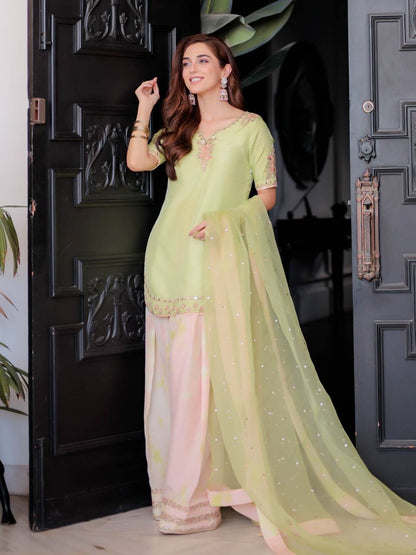 Superhit Parrot Green Color Pure Natural Crepe With Embroidery Work Palazzo Suit
