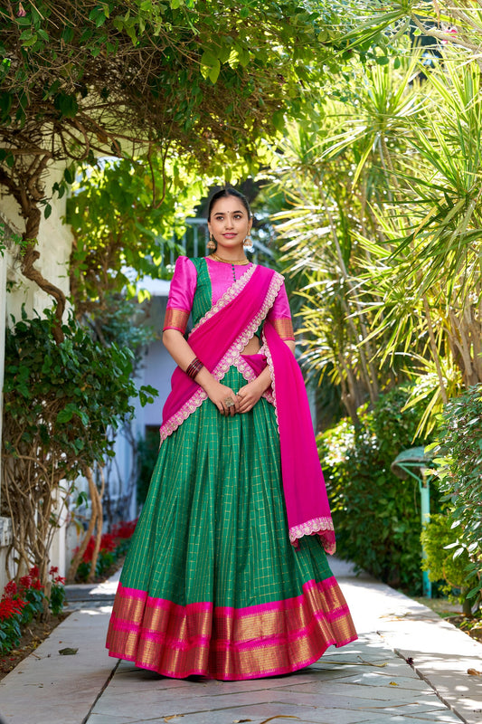 South Indian Wear Green Color Zari Chex With Zari Weaving Work Designer Lehenga Choli