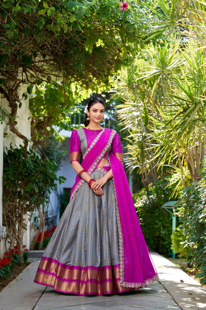 South Indian Wear Grey Color Zari Chex With Zari Weaving Work Designer Lehenga Choli
