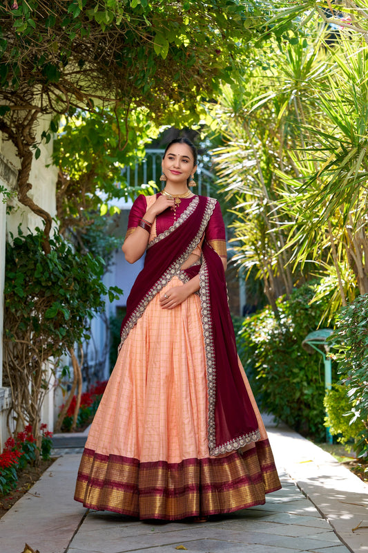 South Indian Wear Peach Color Zari Chex With Zari Weaving Work Designer Lehenga Choli