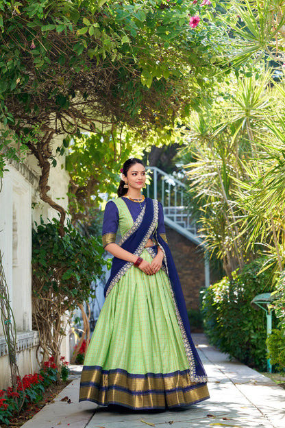 South Indian Wear Pista Color Zari Chex With Zari Weaving Work Designer Lehenga Choli