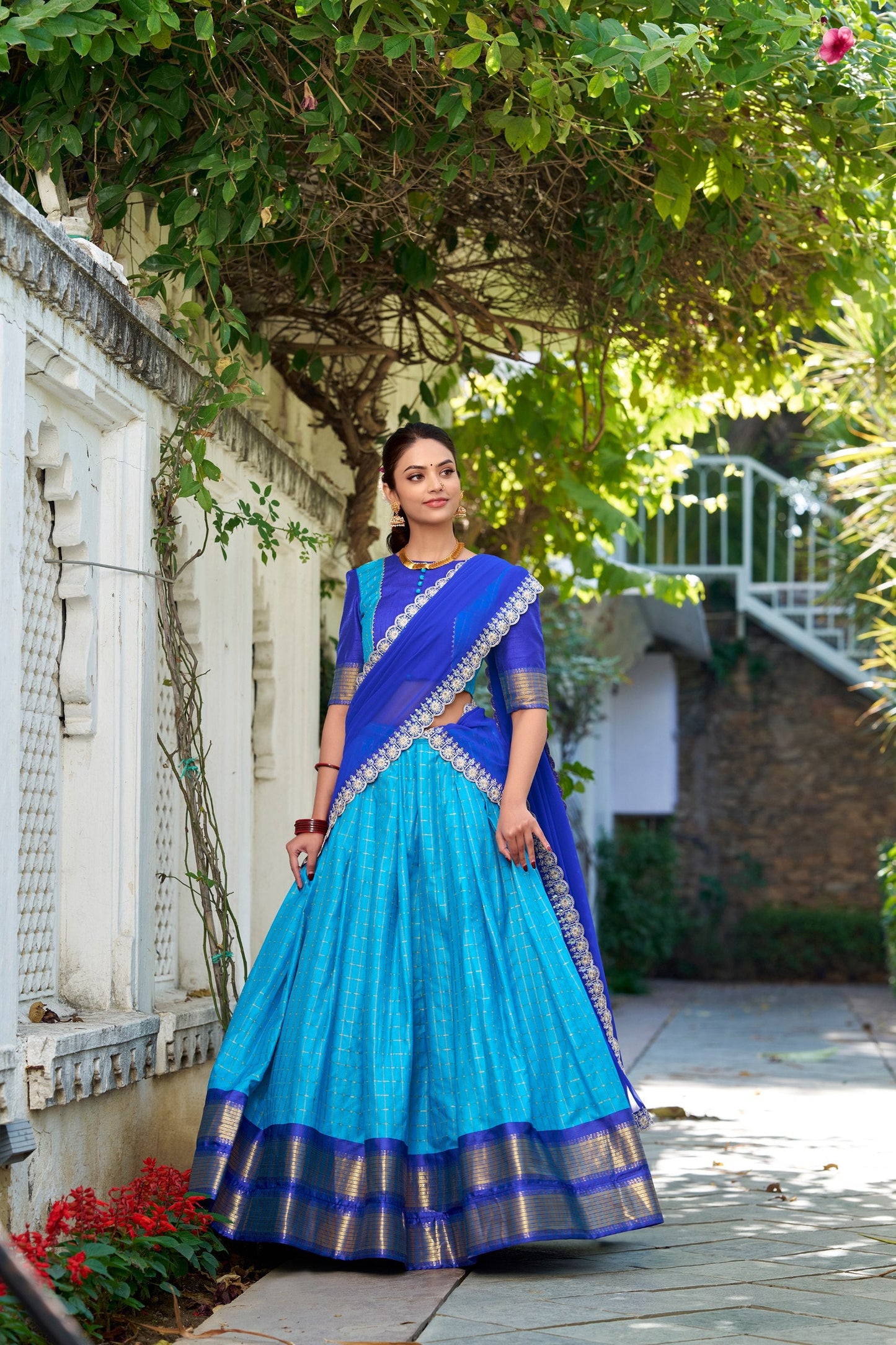 South Indian Wear Sky Blue Color Zari Chex With Zari Weaving Work Designer Lehenga Choli
