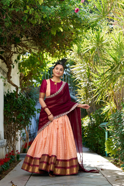 South Indian Wear Peach Color Zari Chex With Zari Weaving Work Designer Lehenga Choli