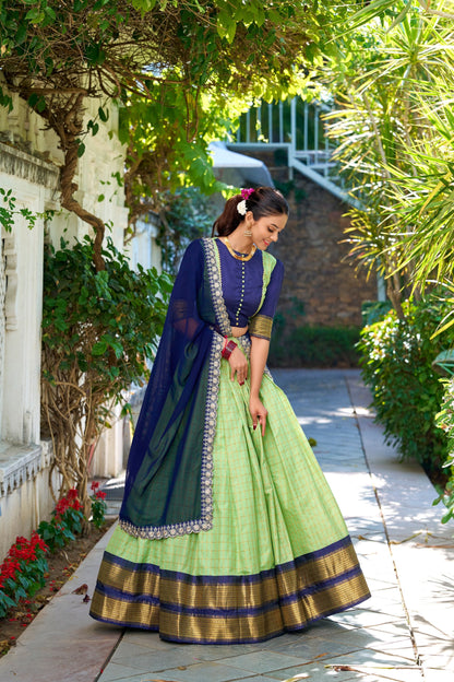 South Indian Wear Pista Color Zari Chex With Zari Weaving Work Designer Lehenga Choli
