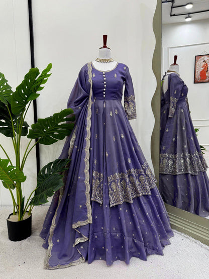 Wedding Wear Lavender Color Simmer Silk Thread With Sequence Work Lehenga Suit