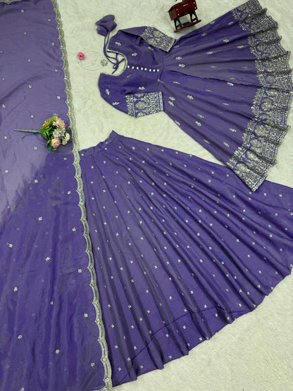 Wedding Wear Lavender Color Simmer Silk Thread With Sequence Work Lehenga Suit